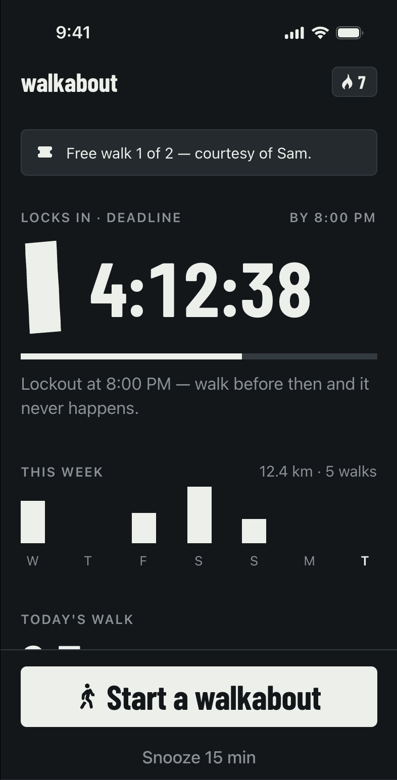 The Walkabout home screen: a countdown reading 4:12:38 until the apps lock, this week's walks, and a Start a walkabout button.
