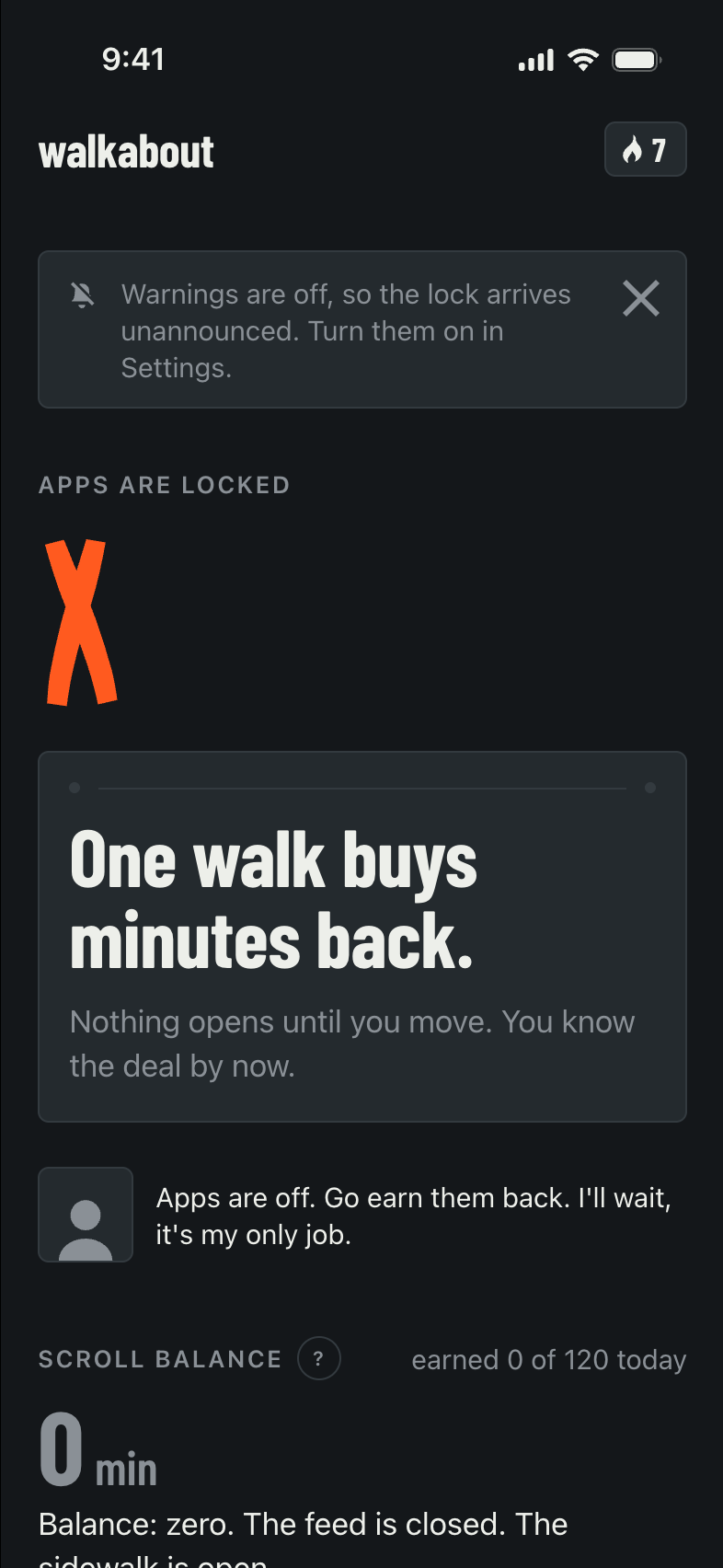 Walkabout with the apps locked: a scroll balance of zero minutes and the line &ldquo;Balance: zero. The feed is closed. The sidewalk is open.&rdquo;