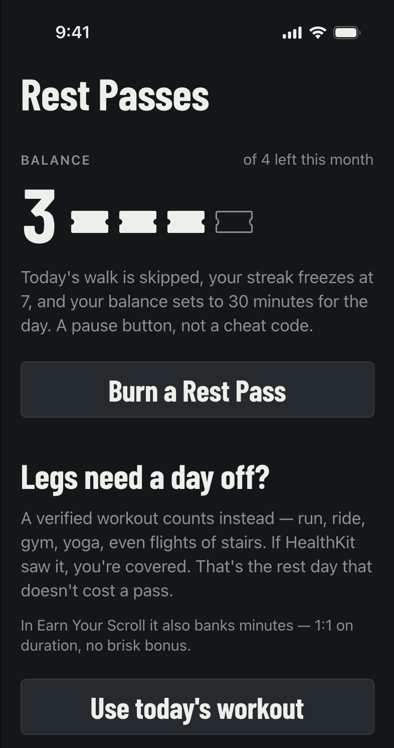 The Rest Passes screen: three of four passes left this month, with the option to burn one or let today's workout stand in for the walk.
